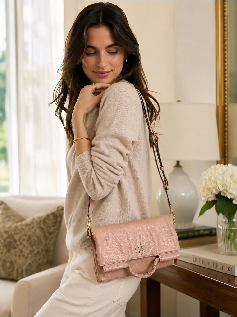 Tory Burch Blush Fold-Over Leather Crossbody Satchel Shoulder Bag